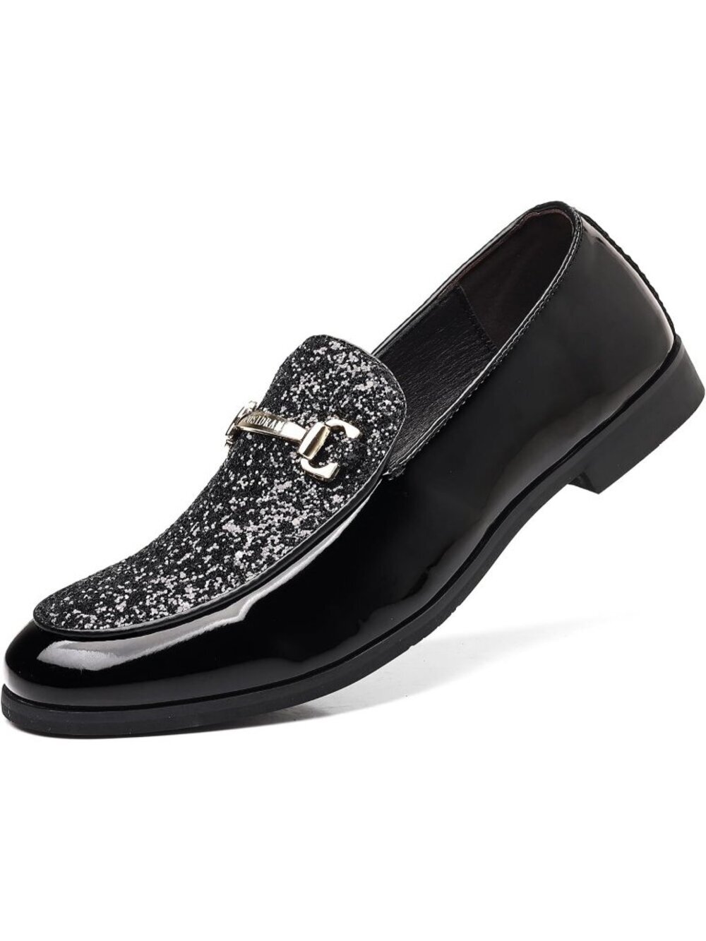 COSIDRAM Men's Black Rubber Sole Glitter Sequins Loafer Gold Buckle Luxury Shoes